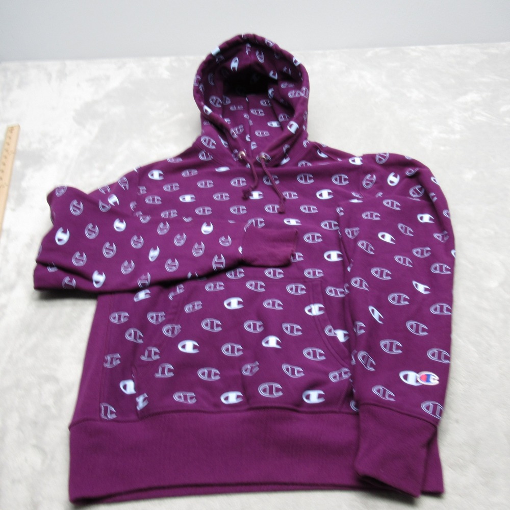 Champion Hoodie Womens Medium Purple All Over Print Reverse Weave Heavyweight - Picture 2 of 12